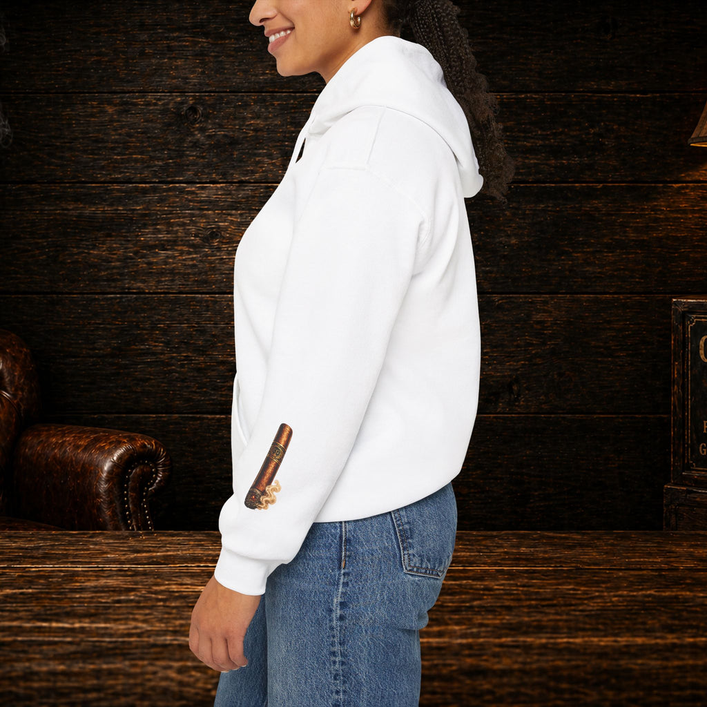 Cigar Gear Shield Hoodie — Vintage Leather Badge Pullover for Cigar Enthusiasts