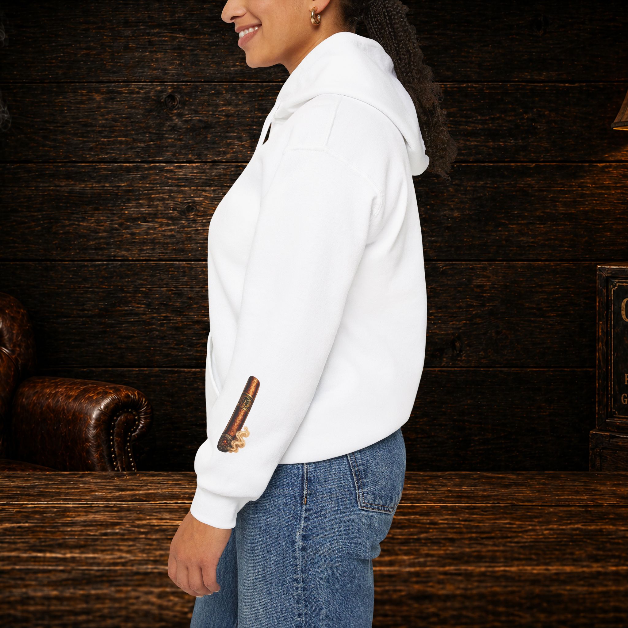 Cigar Gear Shield Hoodie — Vintage Leather Badge Pullover for Cigar Enthusiasts