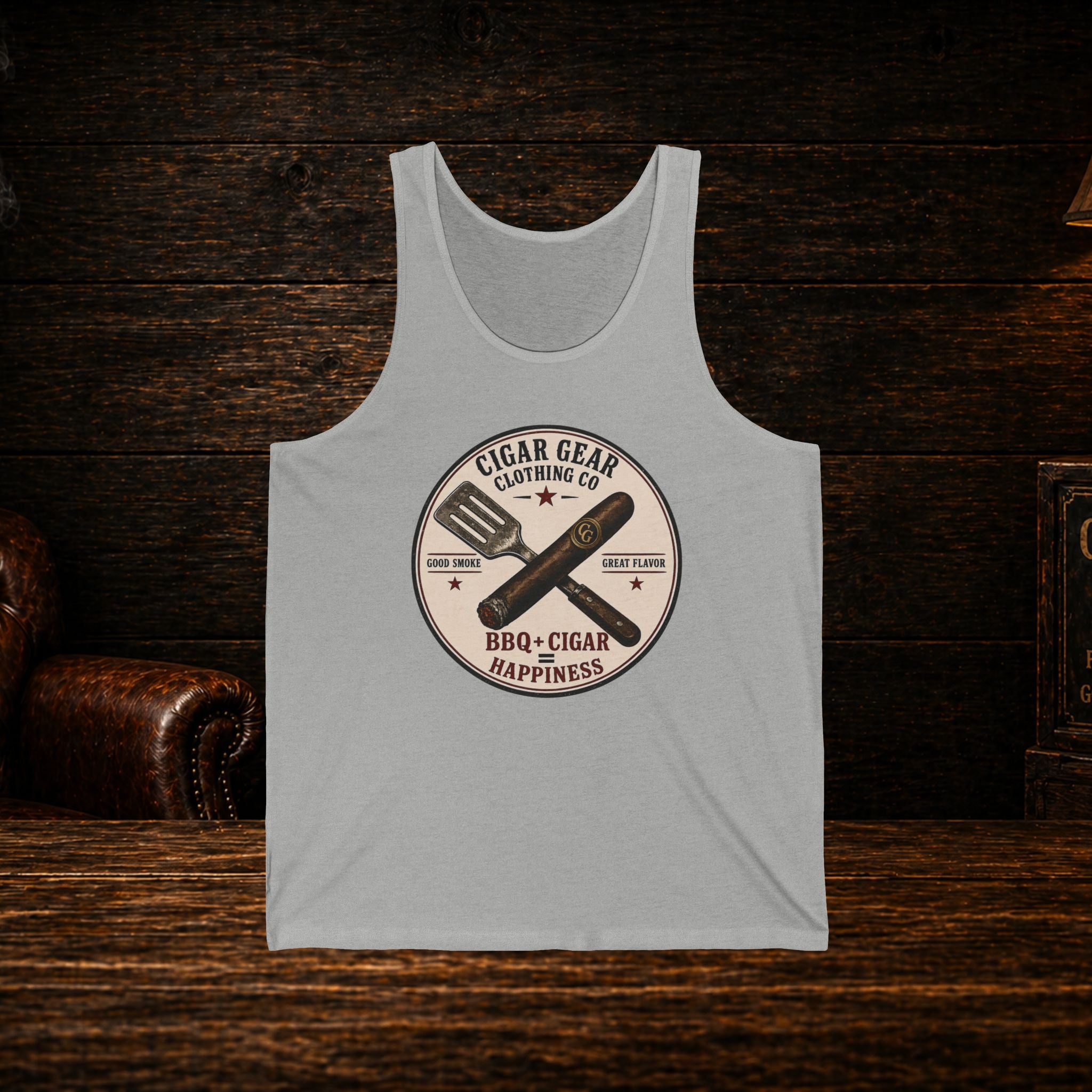 Cigar & BBQ Tank Top — "BBQ + Cigar Happiness" Retro Badge Tank