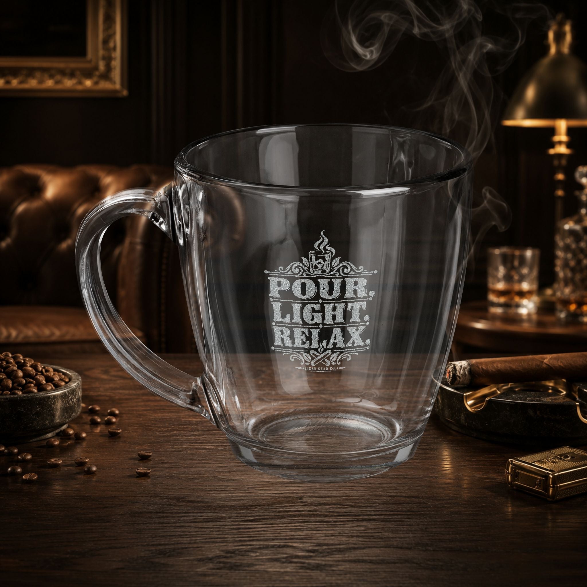 Engraved Glass Mug — "Pour. Light. Relax. Vintage Lounge Emblem" Tapered 15.5 oz