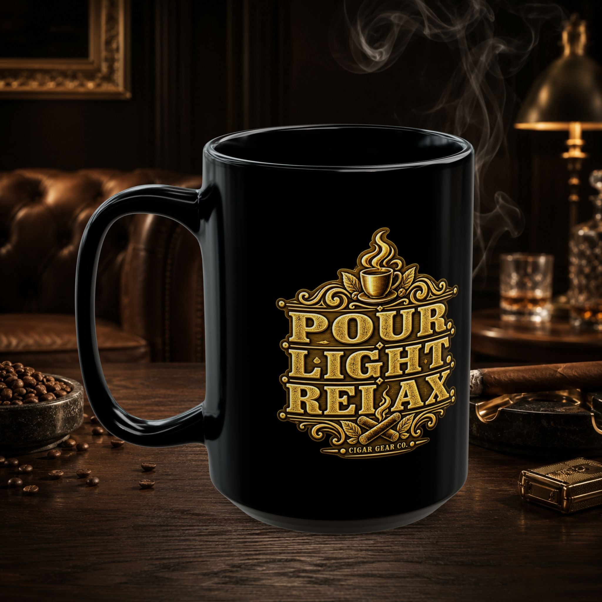 Twin Antique-Gold Cigar Lounge Emblems Black Mug – Vintage Cigar Gear Design (15oz)