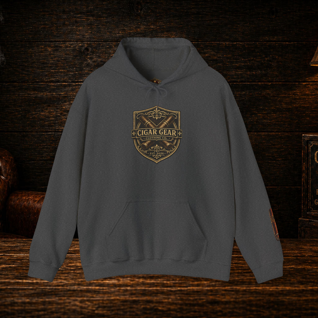 Cigar Gear Shield Hoodie — Vintage Leather Badge Pullover for Cigar Enthusiasts