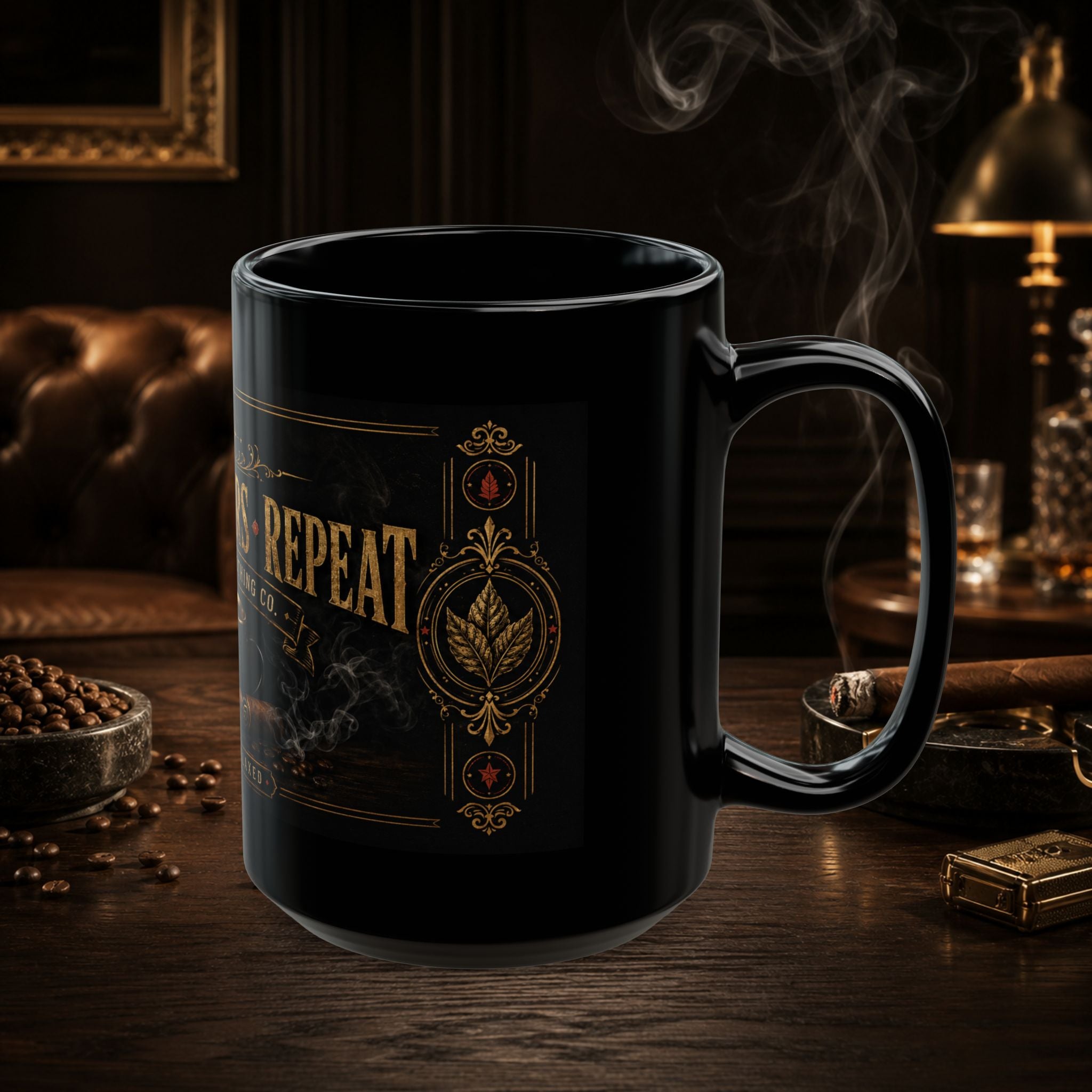 Coffee • Cigars • Repeat Black Ceramic Mug — 15oz