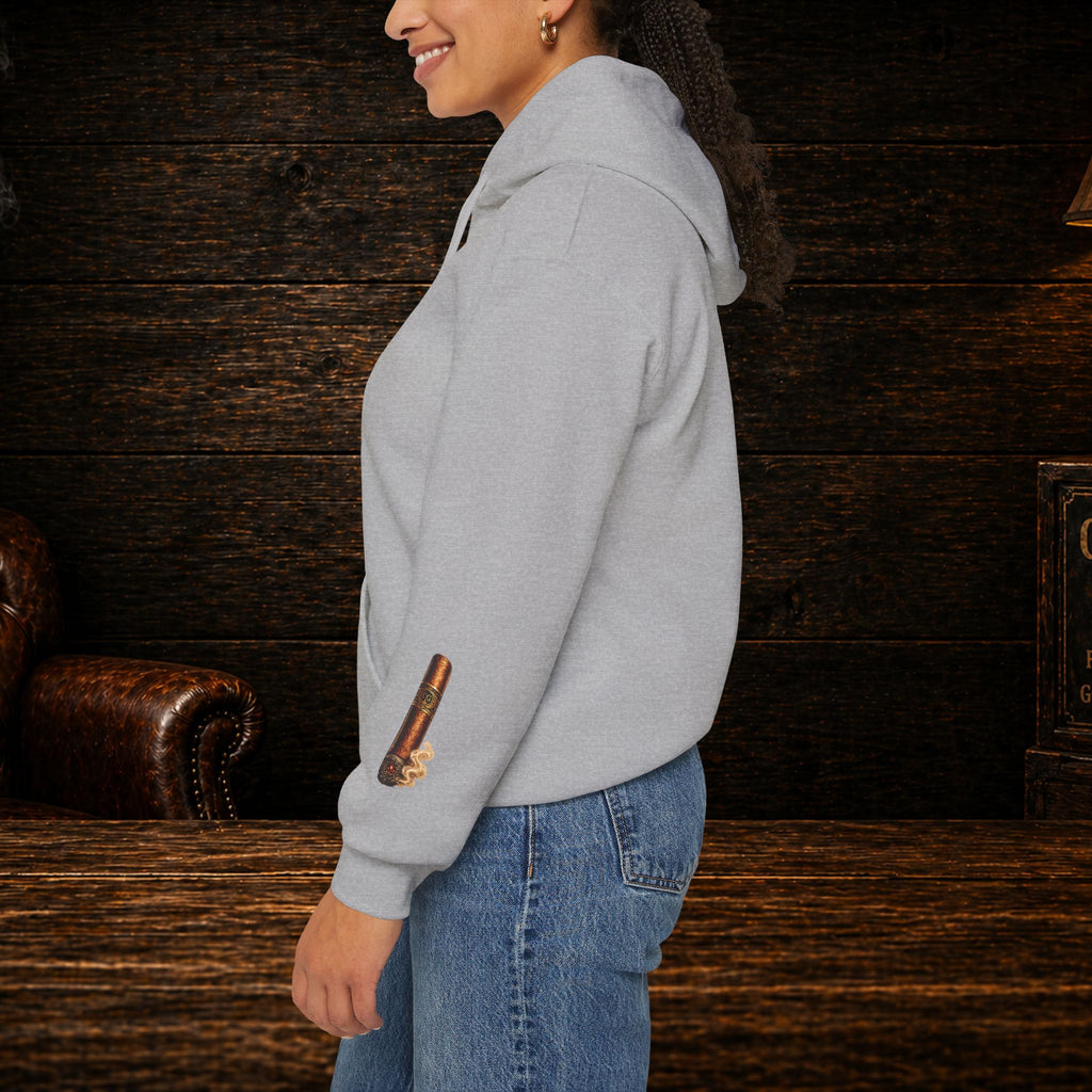 Cigar Gear Shield Hoodie — Vintage Leather Badge Pullover for Cigar Enthusiasts