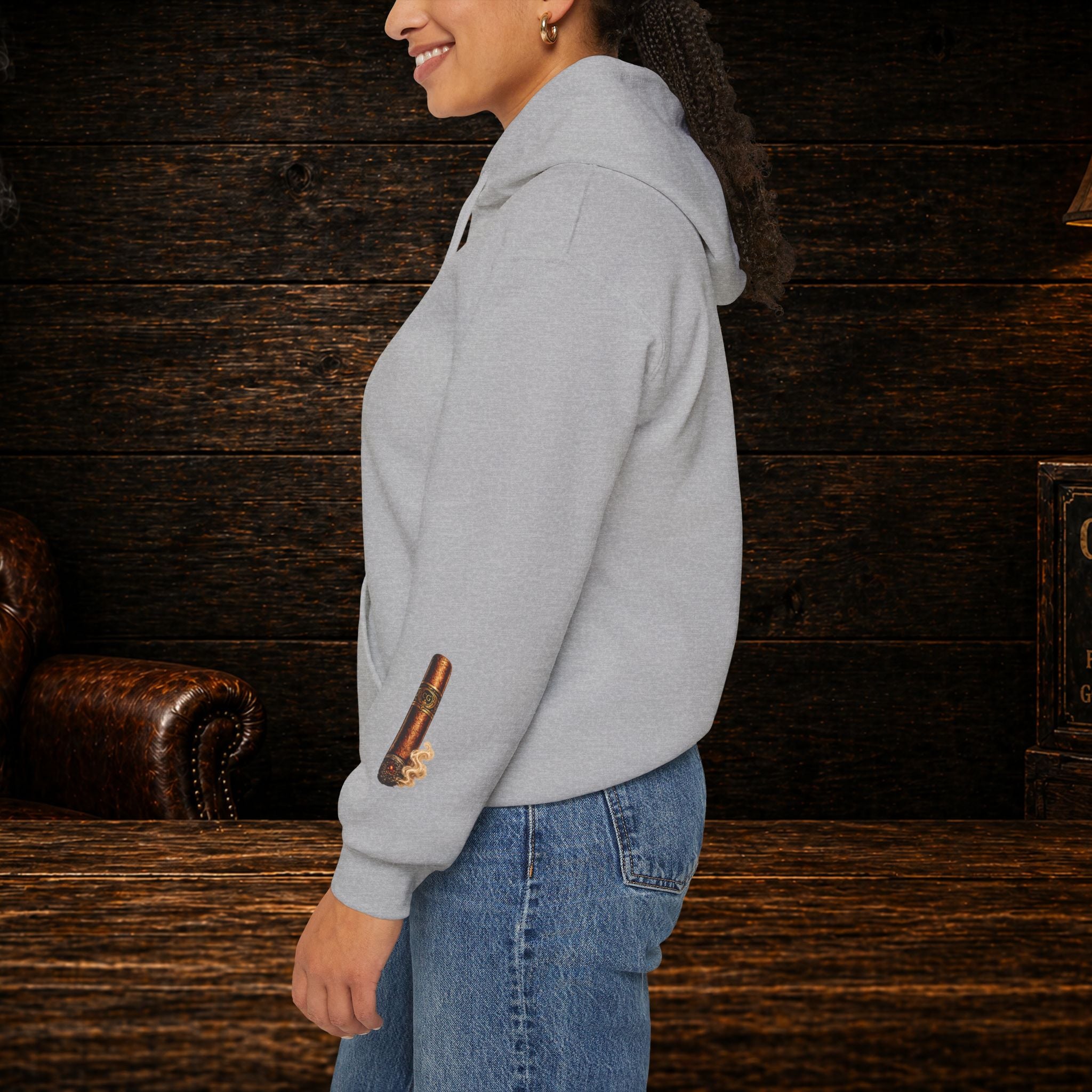 Cigar Gear Shield Hoodie — Vintage Leather Badge Pullover for Cigar Enthusiasts