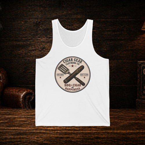 Cigar & BBQ Tank Top — "BBQ + Cigar Happiness" Retro Badge Tank