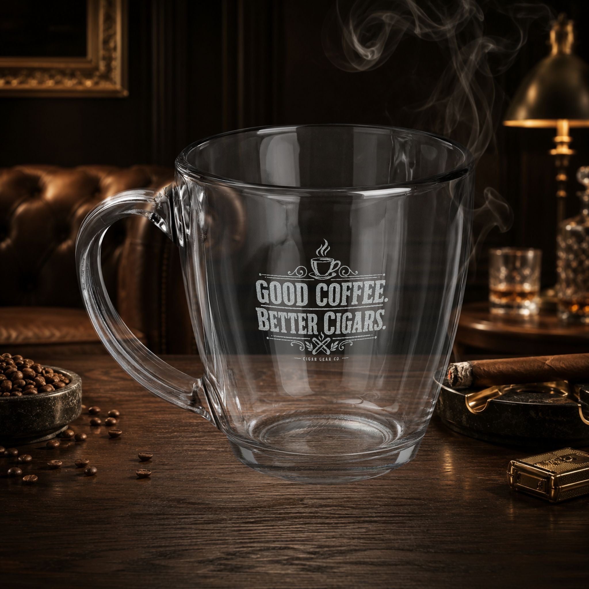Engraved Glass Mug — "Good Coffee, Better Cigars Emblem" Tapered 15.5 oz