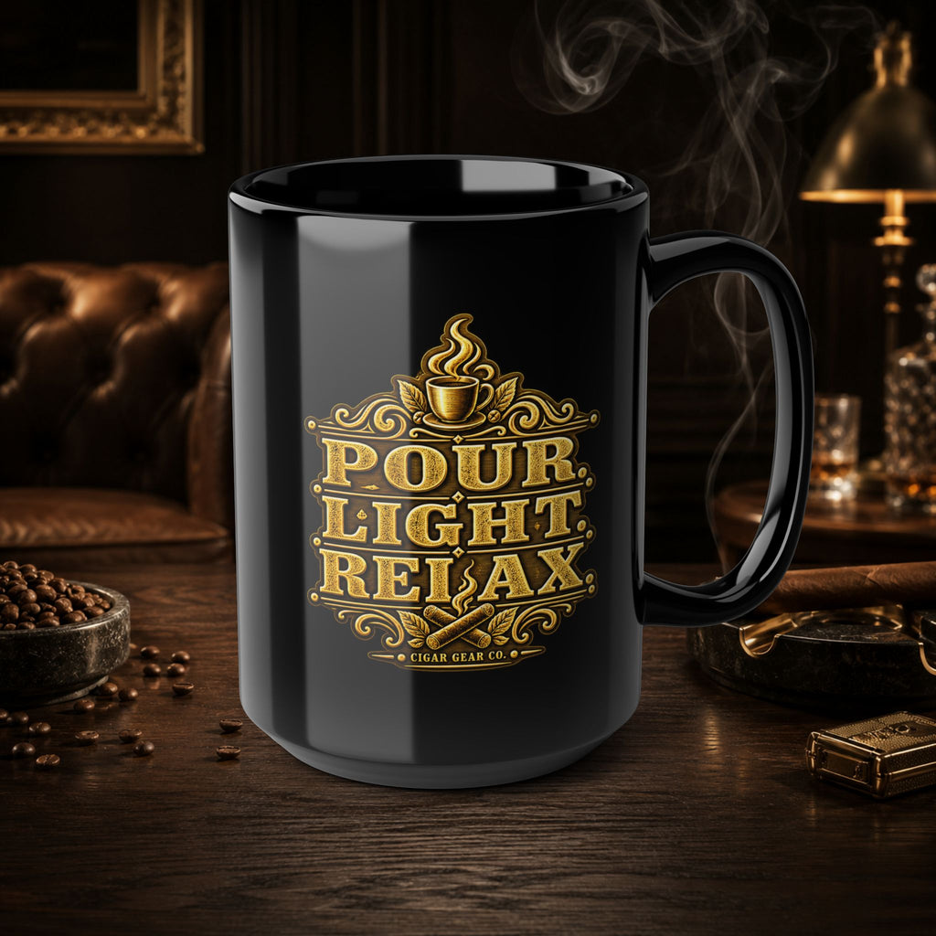 Twin Antique-Gold Cigar Lounge Emblems Black Mug – Vintage Cigar Gear Design (15oz)