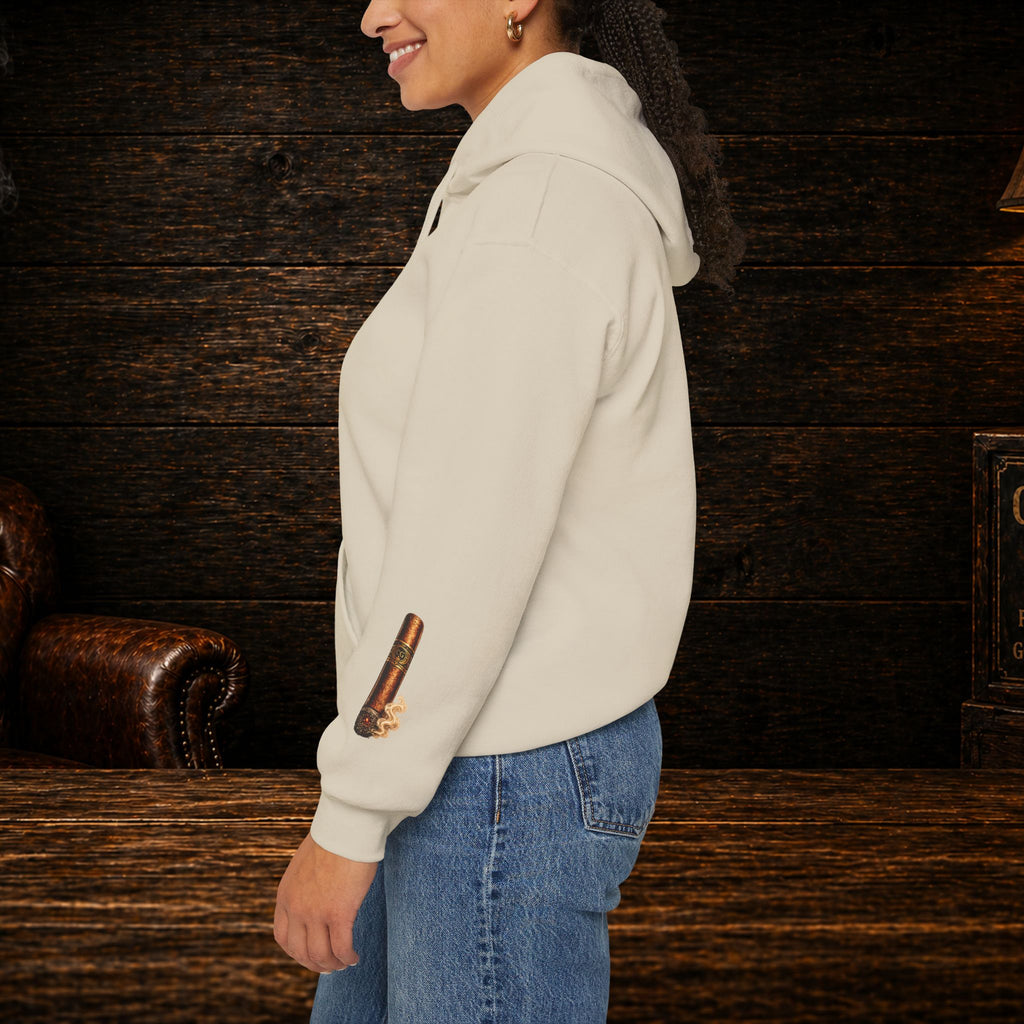 Cigar Gear Shield Hoodie — Vintage Leather Badge Pullover for Cigar Enthusiasts