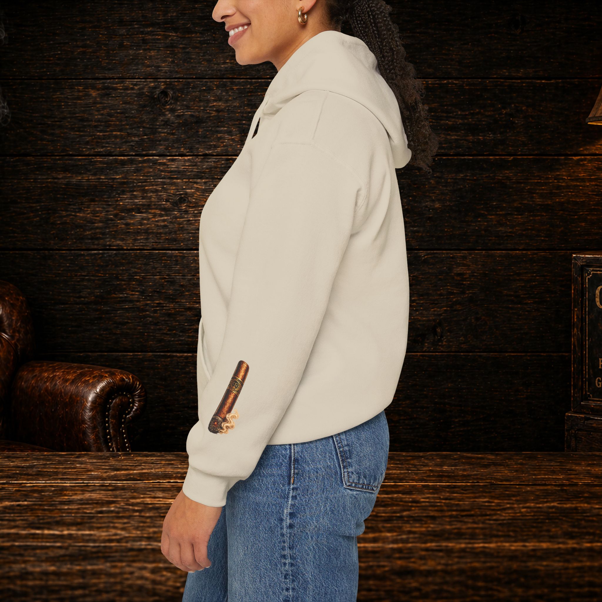 Cigar Gear Shield Hoodie — Vintage Leather Badge Pullover for Cigar Enthusiasts