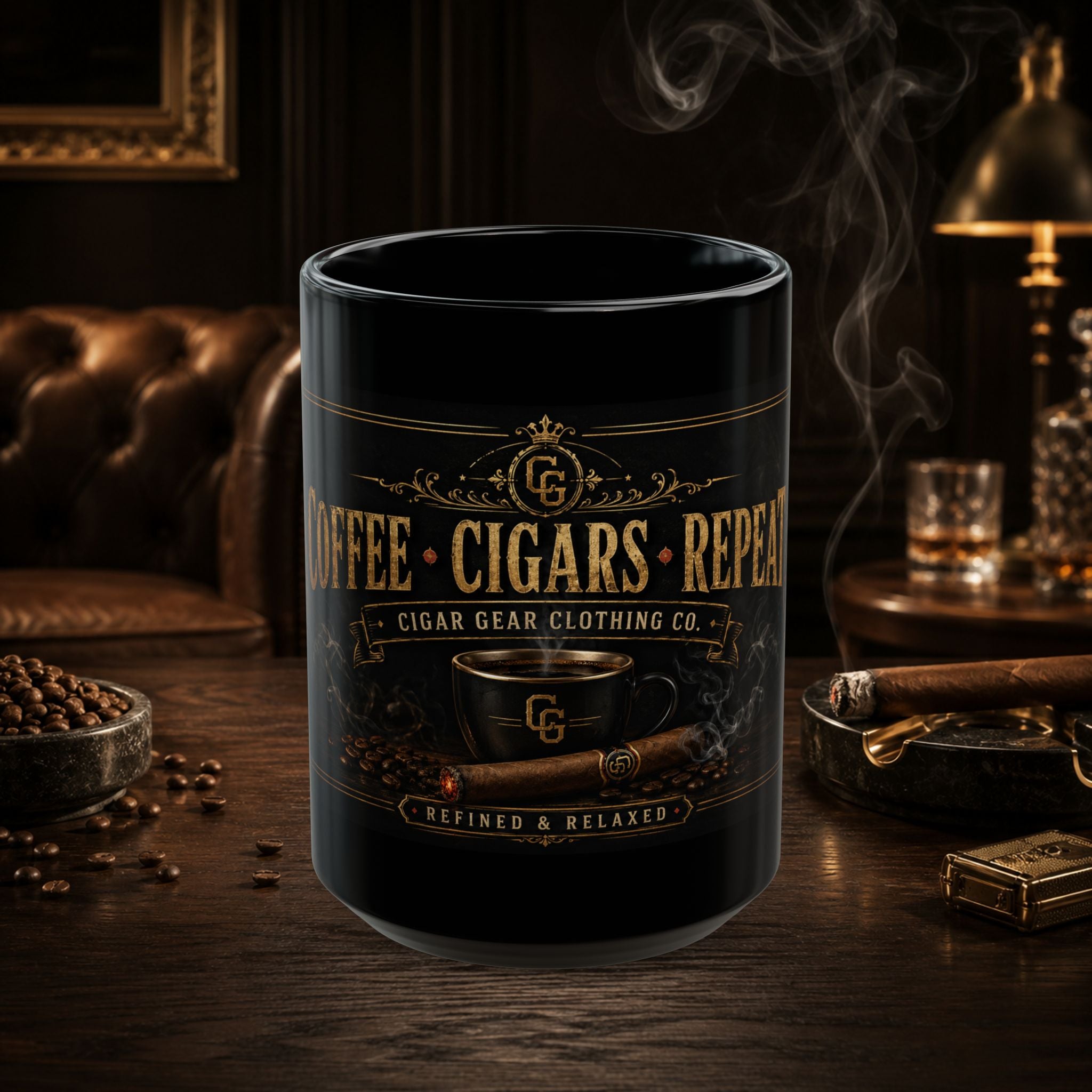 Coffee • Cigars • Repeat Black Ceramic Mug — 15oz